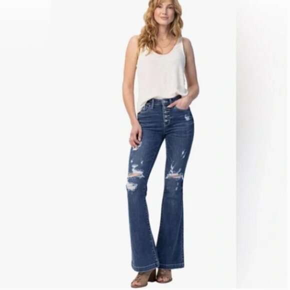 Judy Blue Denim - Judy Blue High Rise Distressed Dark Indigo Trouser Flare Stretch Jeans Size 31